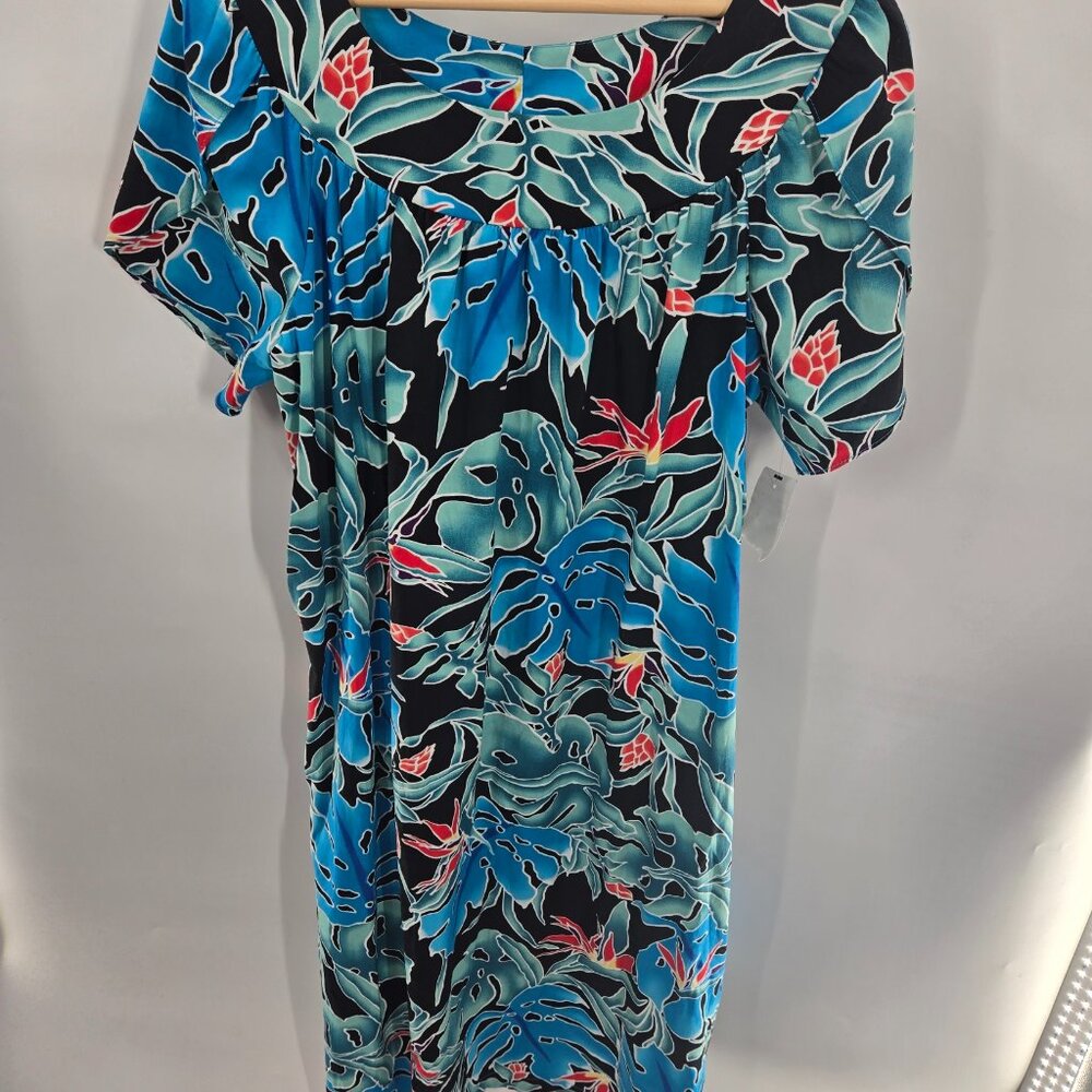 Vintage Hilo Hattie Blue Tropical Hawaii 100% Cotton Housedress Muumuu Large